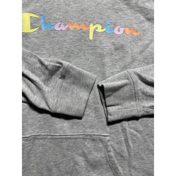 Champion Solid Gray Multi Color Lettering Hoodie Sweatshirt Men's Size Large - Picture 3 of 8